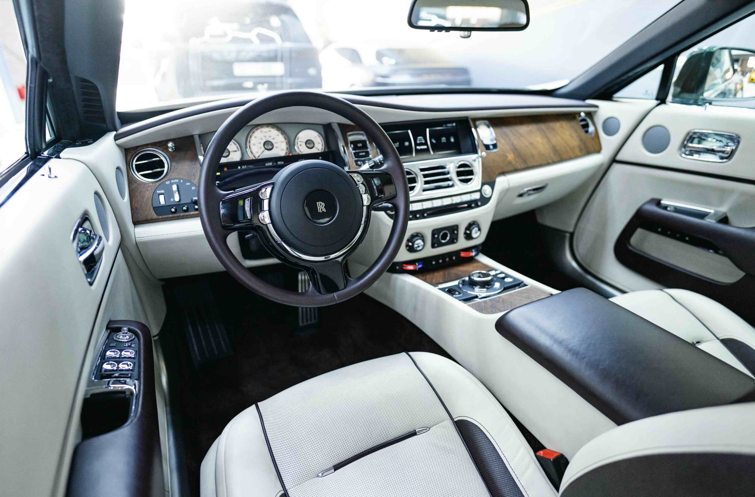 Luxurious car interior with wood accents